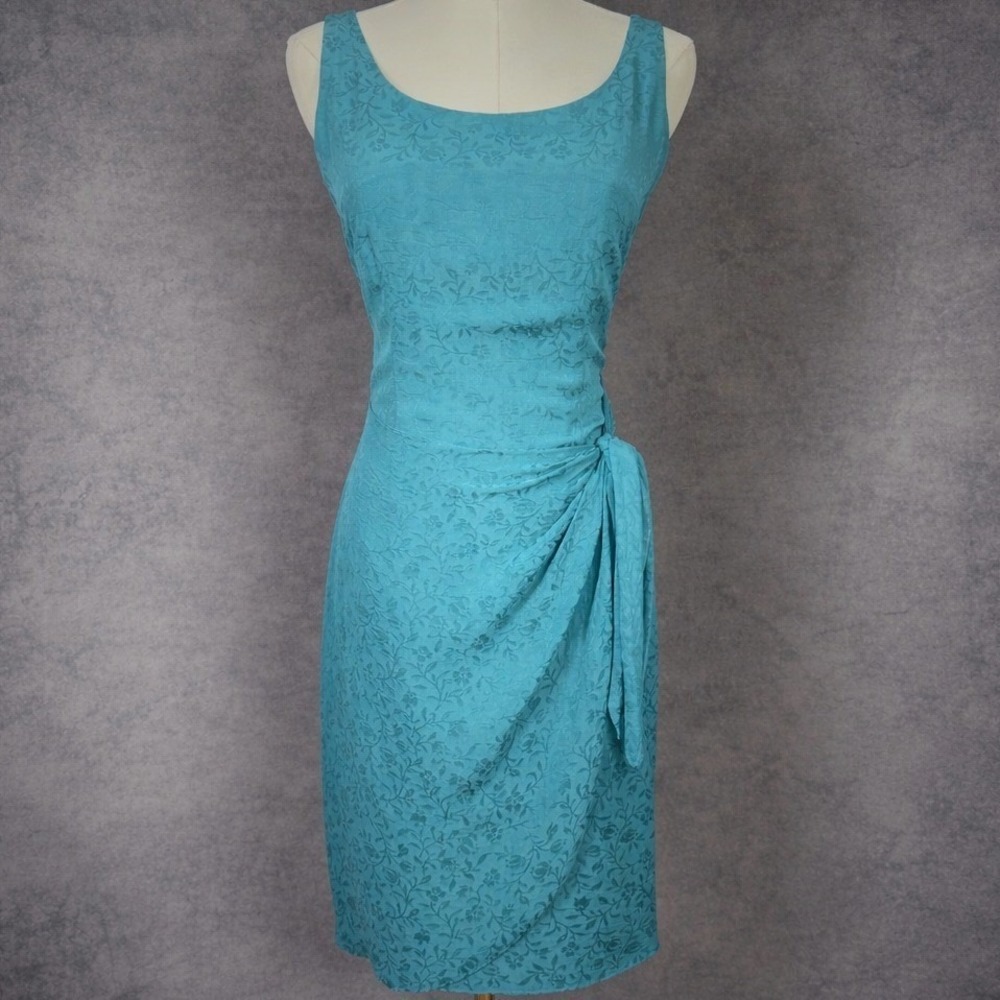 NWT Vintage Y2K Monsoon 100% Silk Teal Jacquard Dress Wedding Guest Midi S 6
